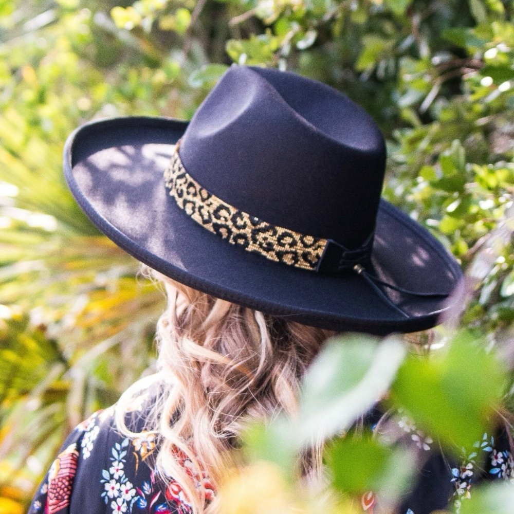 “Alexandra” Wool Pencil Brim Hat with Hand Beaded Seed Bead Band Leopard Print